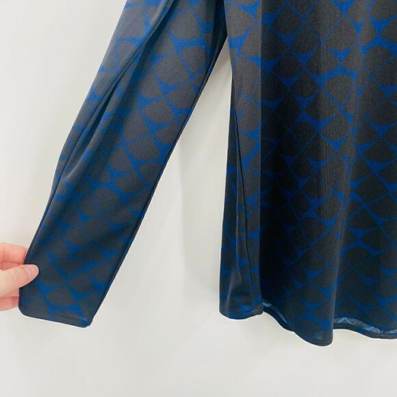 Ann Taylor Sz Medium Blue Black Geometric Print Long Sleeve Cold Shoulder Blouse - Picture 5 of 9